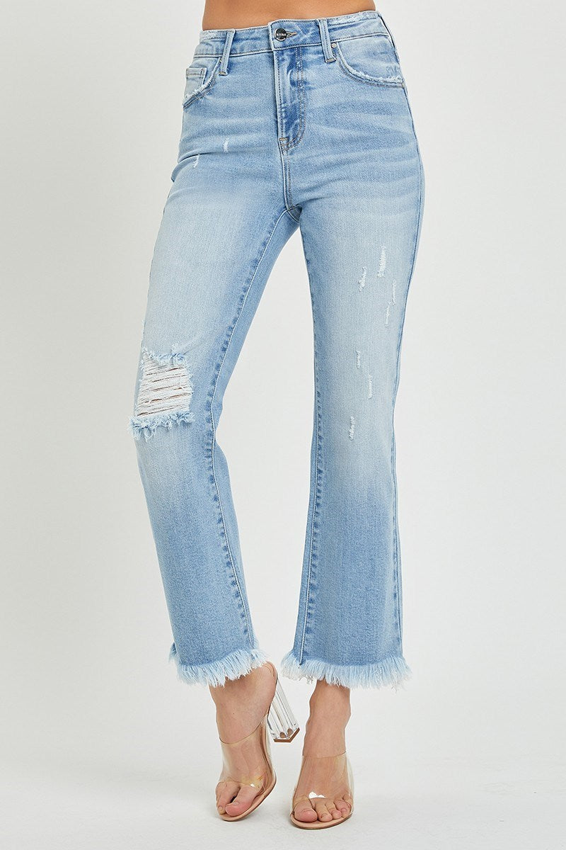 Risen High Rise Crop Bootcut Frayed Jeans