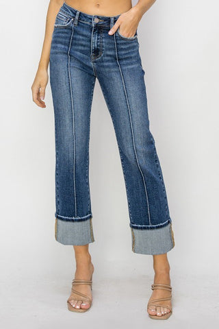 Risen High Rise Ankle Straight Cuffed Jeans